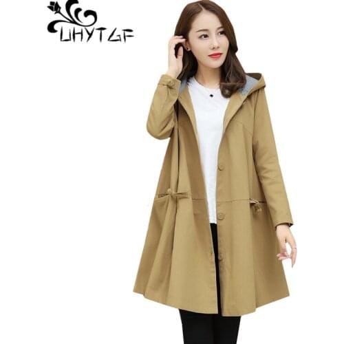 UHYTGF Fashion Korean Oversized outerwear women Hooded Long sleeve spring autumn trench coat thin elegant Ladies Basic coats1336