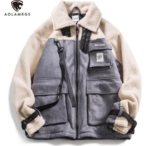 Aolamegs Mens Jacket Winter Lambswool Jacket Warm Cotton Coats Vintage Jackets Fashion Streetwear Camouflage Patchwork Parkas