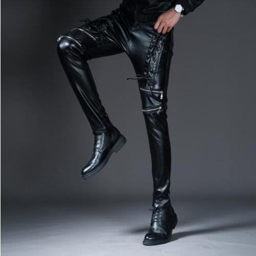 Men Autumn Winter Leather Boot Pant Rope Zipper Fashion Casual Slim Fit PU Leather Trousers Male Punk Rock Motorcycle Pants