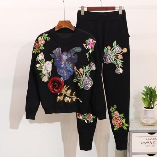 Autumn Fashion Black Gray Sports Knitted Tracksuit Women Outfits Sequins Print Sweater Pants Set Female Loose Casual Knit Suit