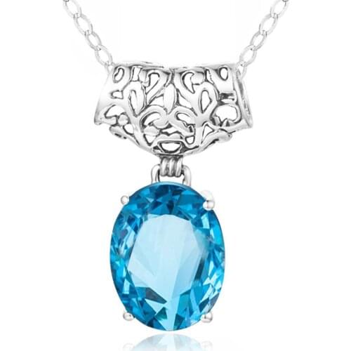Szjinao Blue Topaz Pendant Sterling Silver 925 Jewelry Necklace Pendants For Women Oval Gemstone Vingtage Fine Jewelry Pingente