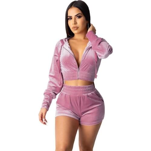 Casual Velvet Tracksuit Women Sets Sportswear Hooded Two Piece Set Sweat Suits Female Cropped Zip Bomber Jacket and Shorts Set