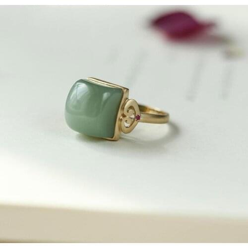 Silver inlaid natural Hetian jasper square opening adjustable ring Chinese retro palace style charm womens brand jewelry