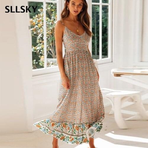 SLLSKY Sexy Floral Print Women Long Dress V-Neck Backless Patchwork Beach Ruffles Sun Dress Loose Bohemia Female Summer Dress