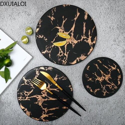 DXUIALOI Modern Simple Ceramic Matte Black Flat plate Marble Pattern Bread Cake Hold Hotel Restaurant Western Plate Steak Plate