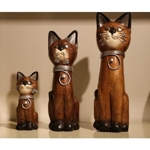 Animal Statue Cat Wood Carving Wood Material Crafts Southeast Asia Style Lucky Ornaments Holiday Gifts Home Garden Decorations