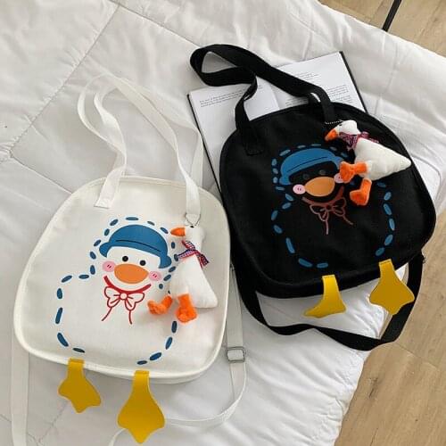 New Large Women Shoulder Shopper Bag Cute Duck Cartoon Print Casual Kawaii Canvas Tote Shopping Bag Cotton Cloth Eco Handbags