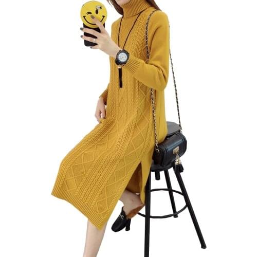 Autumn Winter Long Sweater Female Fashion High Neck Loose Slit Warm Knitted Sweater Women Plus Size Pullover Lady Sweaters Dress