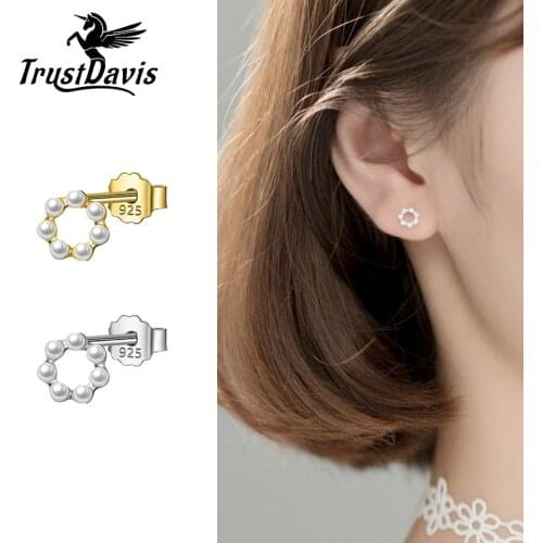 Trustdavis Real 925 Sterling Silver Fashion Hollow Flower Synthetic Pearl Stud Earrings For Women Wedding Party Jewelry DB376