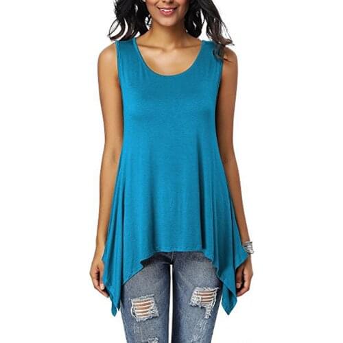 Women T-shirt Summer Fashion Sleeveless Asymmetercal Solid Loose Tee Shirt O Neck Batwing Tops WDC1988