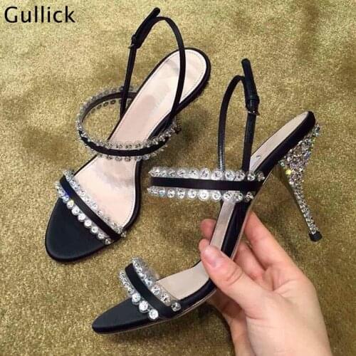 2018 Bling Bling Crystal 7.5 CM High Heels Woman Sandal Two Front Strap String Beading Thin Back Strap Woman Prom Dress Shoe