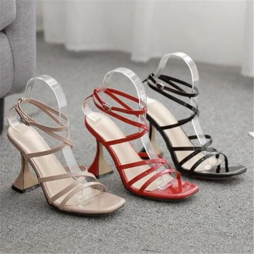 Women sandals PU Buckle Strap 9cm Thin Heels High heels Square Toe Shallow women shoes sandalias mujer 2020 size 35-42 red black