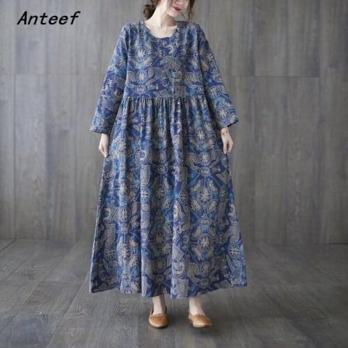 Anteef long sleeve cotton vintage floral dresses for women casual loose woman summer spring autumn dress elegant clothes 2021
