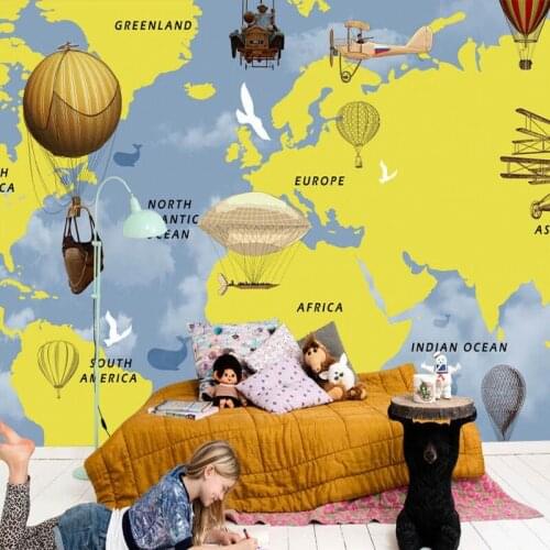 Dropship Colomac 3d Wallpaper Hand Painted World Map Hot Air Balloon Wallpaper for Kids Room Mural 3d Living Room Papel Tapiz