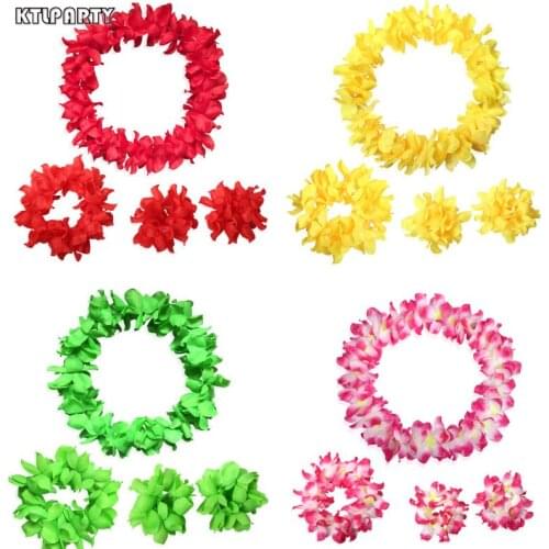 4pcs Hawaiian Flower Garland Necklace Festival Luau Hawaii Beach Party Headband Headpiece Bracelet Bangle Set Decoration Wreath
