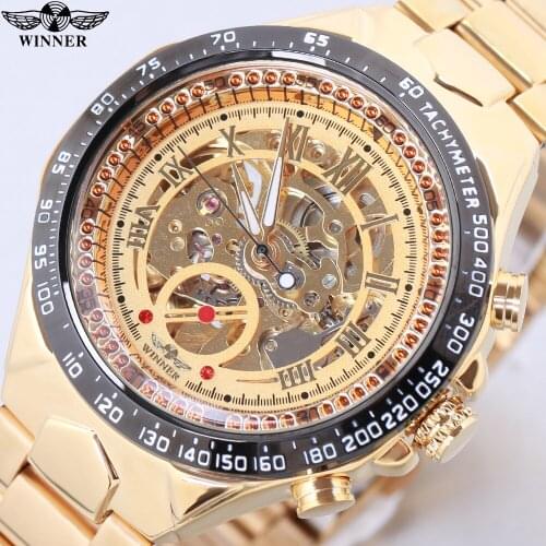 WINNER Official Men Mechanical Wristwatches Skeleton Watch Golden Mens Watches Top Brand Luxury Montre Homme Clock Sport Bezel