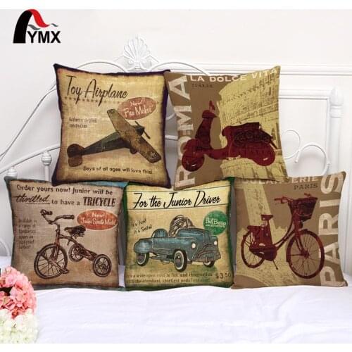 Retro Conveyance Cotton Linen Cushion Cover Car Bedroom Sofa Cushion Cover Pillowcase Airplan Bike Images Printing Pillow Case