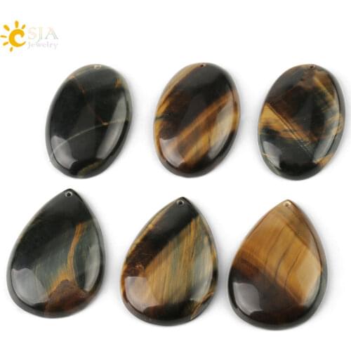 CSJA Natural Stone Yellow Blue Tiger Eye Cabochon Water Drop Oval Pendants with Hole for Making Necklaces Women Men Jewelry G113