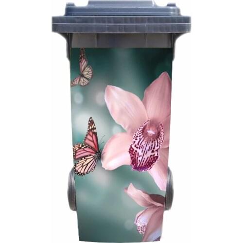 DIY 3D butterfly with flowers removable Waterproof Sticker Decals Rubbish bin trash can Cover sticker poster 120liter 240liter
