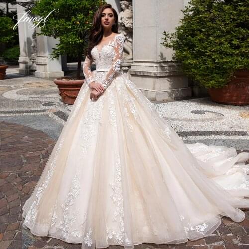Fmogl Elegant Illusion Long Sleeve Vintage Wedding Dresses 2020 Luxury Scoop Neck Appliques Court Train A Line Bridal Gowns