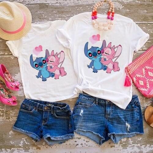 Harajuku Kids T shirt Cartoon Graphic T-Shirt Lilo Stitch Kawaii Female Printed Casual Couple Short Sleeve Family Tops T-shirt
