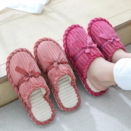 Bowknot Cotton Home Slippers Autumn And Winter Indoor Slippers Shoes Thick Bottom Non-Slip Warm Winter Shoes Women