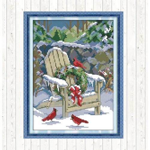 Joy Sunday Christmas Snow Cross Stitch Pattern Landscape Painting 14ct Aida Fabric for Embroidery Kit DMC DIY Needlework Crafts