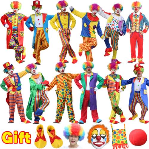Halloween Costumes Adult Men Hat Accessories Full Sets Funny Circus Clown Costume Naughty Joker Jester Fancy Cosplay Dress Up
