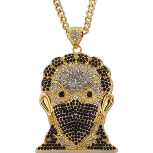 New Gold Color Bling Glitter Large Size CZ Crystal Mask Clown Pendant Hip Hop Necklace Jewelry 80cm Cuban Chain