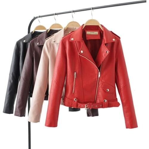 2021 New Fashion Women Motorcycle Faux Leather Jackets and Coats Ladies Autumn Winter PU Red Biker Streetwear Outerwear Belt