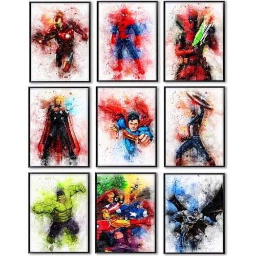 Marvel Avengers Superhero Comics Canvas Watercolor Poster Captain America Iron Man Childrens Room Home Wall Art Painting