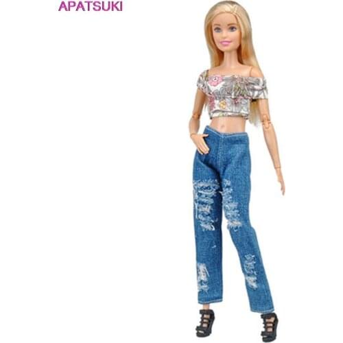 Fashion Doll Outfits For Barbie Doll Clothes Handmade 1:6 Floral Short Shirt & Jeans Pants For Barbie Dollhouse 1/6 Kids Toy