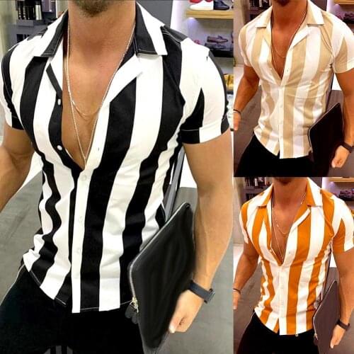 New Casual Business Shirts Men Turn Down Collar Short Sleeve Vertical Stripes Button Slim Shirt Fashion Mens Tops Male Clothing