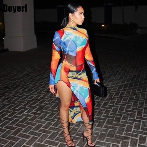 Tie Dye Printed Bodycon Dress Women Festival Clothing Long Sleeve Sheath Bodycon Midi Night Club Sexy Party Dress with Slit