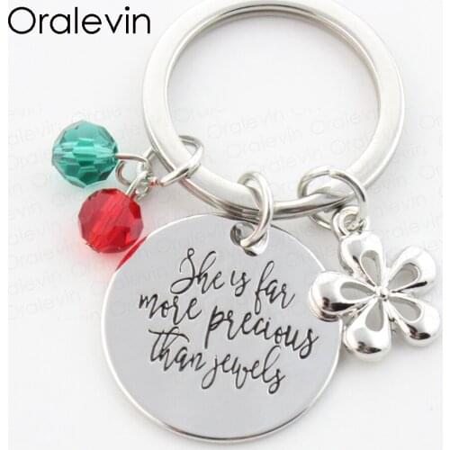 SHE IS FAR MORE PRECIOUS THAT JEWELS Engraved Pendant Flower Charms Keychain Gift for Her Jewelry 22MM,#LN198K