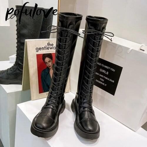 Pofulove Sexy Knee-High Boots Patent Leather Boots Goth Punk Shoes Fashion Women Shoes Black Botas Zapatos Spring Autumn Female
