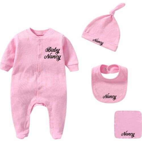 Custom Baby Name Newborn Girl/Boy Coming Home Outfit Baby Shower Gift Clothes Romper+Hat+Bibs+Towel 4pcs Cotton Newborn Outfits