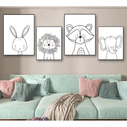 Prints Nursery Wall Pictures Baby Kids Room Decor Lion Rabbit Bear Elephant Raccoon Wall Art Canvas Painting Nordic Posters And