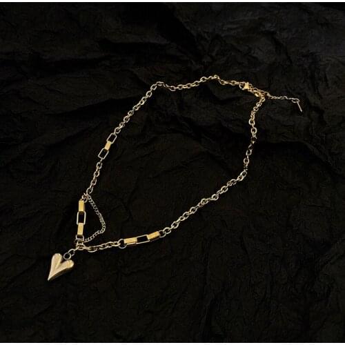 Origin Summer Fashion Gold Color Love Heart Asymmetric Chunky Chain Pendant Necklace for Women Stainless Steel Necklace Jewelry