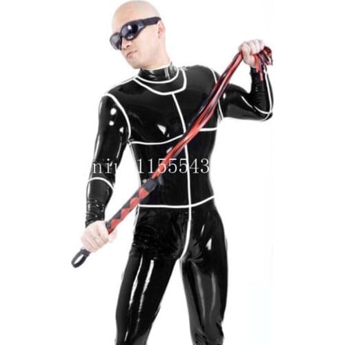 Sexy Handmade Unisex Latex Catsuit with White Trims with Socks Tight Transvestite Back Zipper Bodysuit for Men
