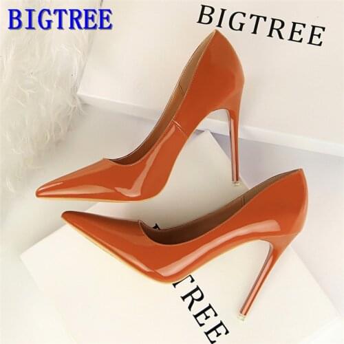 BIGTREE woman pumps fashion 10.5CM thin high heeled leather shallow mouth sexy thin Pointed Toe womens shoes