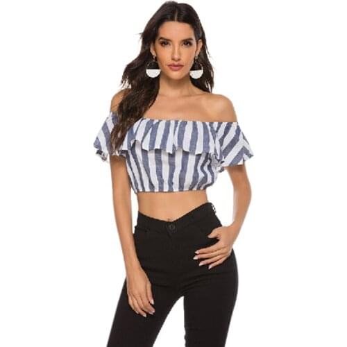 Women Summer Striped Horizontal Neck Off-Shoulder Short Shirt Sexy Short-Sleeved T-shirt Female Streetwear S