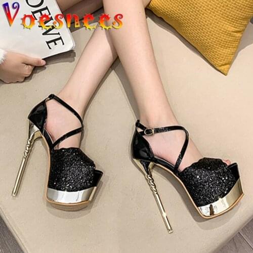 Voesnees 2021 New Summer Metal Sequins Sandals Women Super Fashion Platform High Heels 16cm Thin Heels Female Catwalk Show Shoes