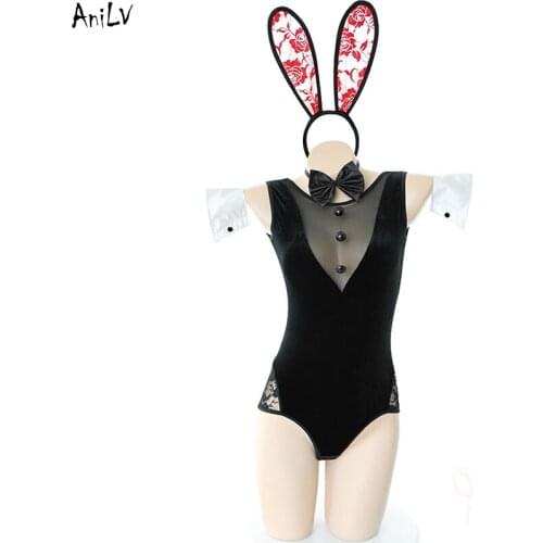 AnILV Women Black Chest Mesh Bunny Girl Sexy Swimsuit Uniform Costumes Pool Party Girls Rabbit Ears Pajamas Underwear Cosplay
