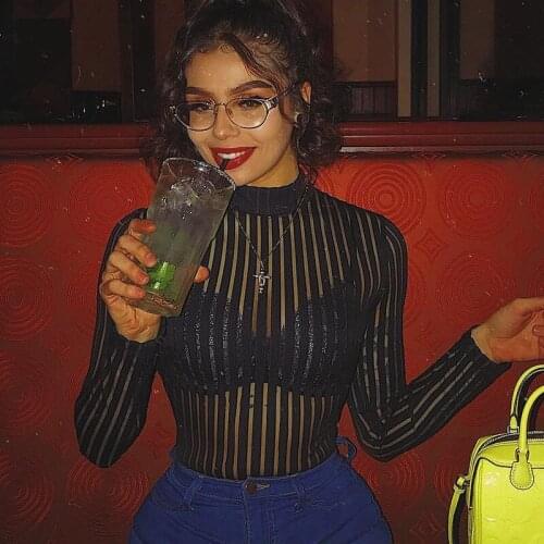 AVV Black Women Fashion New Patchwork Slim Sexy Mesh Perspective Pullover Round Neck Long Sleeve Skinny Casual Short Jumpsuit