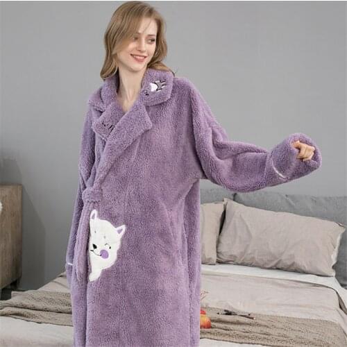 Womens Winter Warm Soft Bathrobe Long Sleeved Robe Night Dress Women Bathrobe Flannel Robe