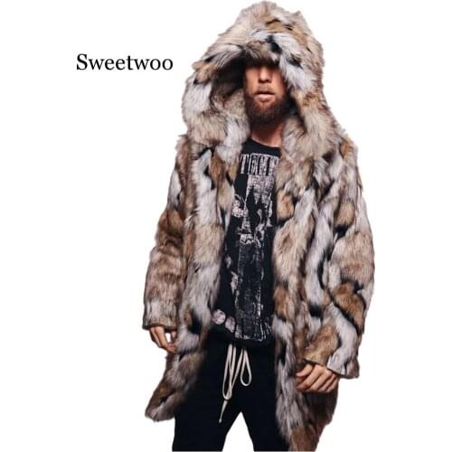 Winter Men Faux Fur Coat 2019 Fox Fur Jacket Fashion Mens Warm Leopard Thick Hooded Coat Jacket Faux Fur Outwear Overcoat