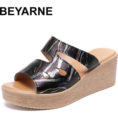 BEYARNE Women Slippers Genuine Leather Shoes Lace Up Outside Slides Ladies Fashion Wedges Summer Thick Beach Rocker Sole