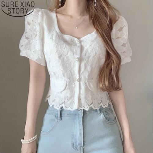 Floral Embroidery Lace Blouses Women French Style Square Collar Summer Shirts Ladies Pearl Elegant Sweet Tops Blusas Mujer 15726
