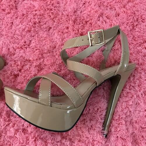 Sexy Camel Patent High Heel Dress Party Women Sandals Summer New Open Toe Buckle Ankle Strap Stiletto Platform 14cm Heels Shoe